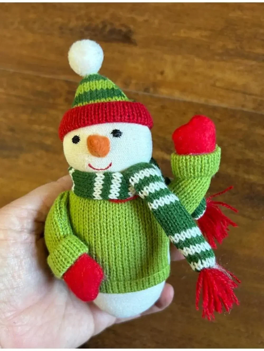 Knitted Snowman Christmas Ornament with Green Sweater and Scarf